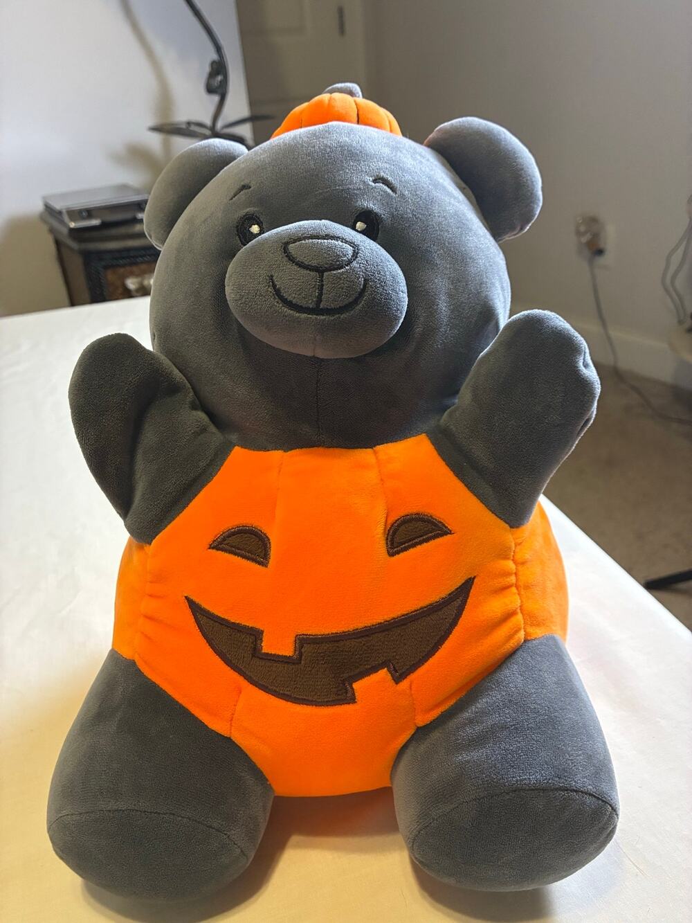 12" Pumpkin Gummy Bear Halloween Plush Gray Bear Jack O Lantern Stuffed Animal
